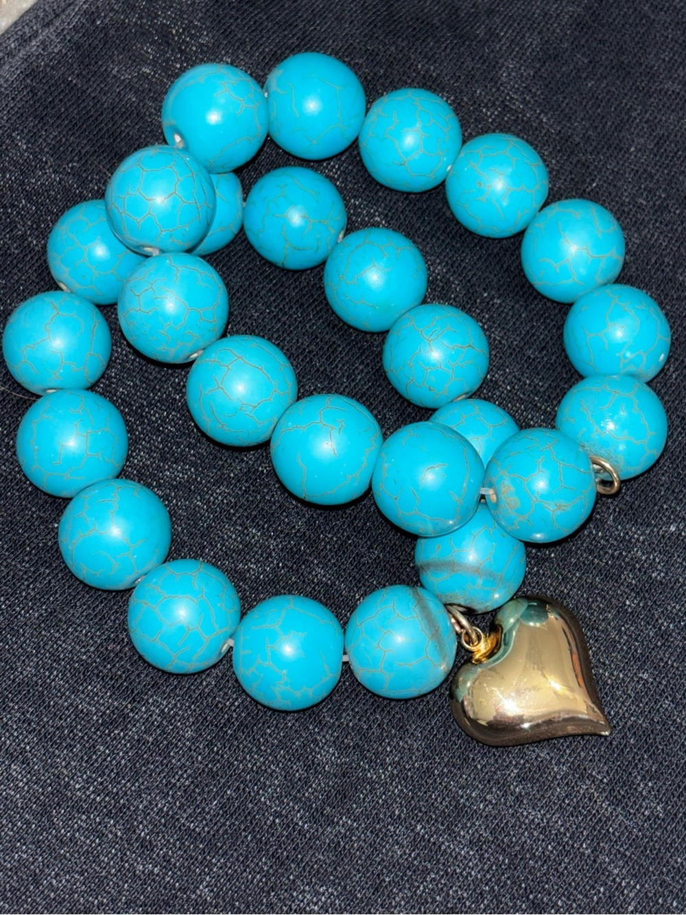 Turquoise Beaded Bracelet with Gold Heart Charm - Women Jewelry